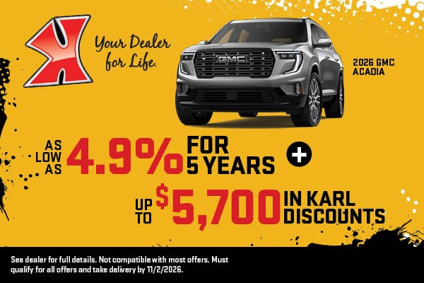 Get up to $5700 in discounts on Acadia at Karl GMC of Marshalltown